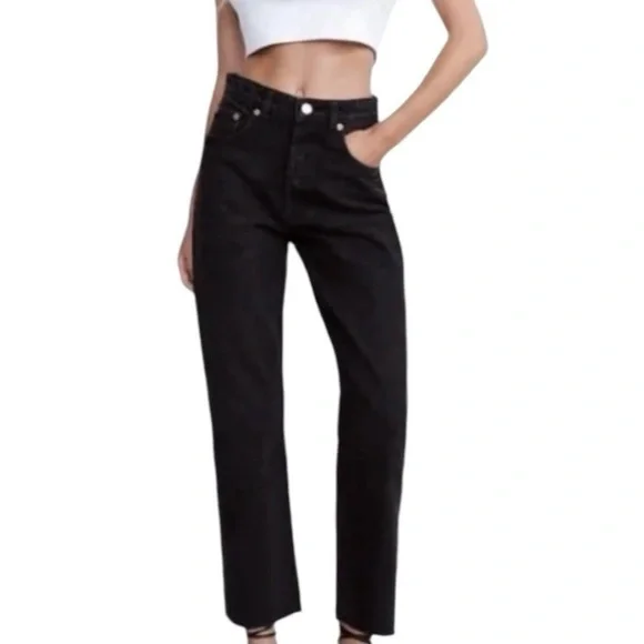 ZARA black high rise denim relaxed fit straight leg jeans EUC size‎ 0 - Picture 5 of 11